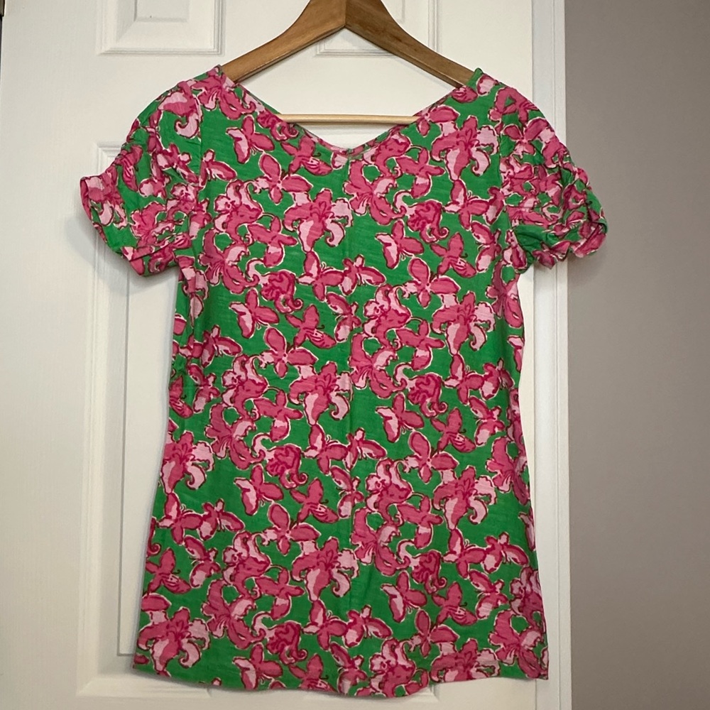 Lilly Pulitzer Green and Pink Floral Butterfly Tee